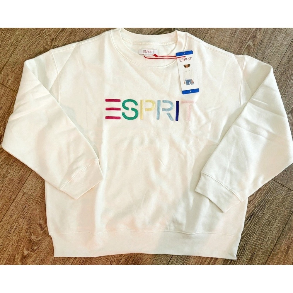 ESPRIT Vintage Women's 80's  Fleece Logo Sweatshirt Cream, Large, Rare Viral Y2K